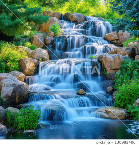 Water cascades down a rocky waterfall amidst lush greenery in a serene natural setting Water cascades down a rocky waterfall amidst lush greenery in a serene natural setting 130992406