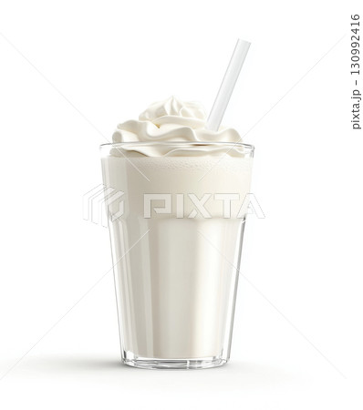 Creamy milkshake served in a tall glass with whipped cream and a straw, perfect for hot days 130992416