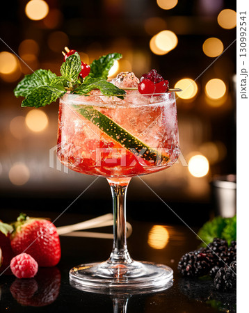 Glass of tasty Fashioned Cocktail on bar lights background.  AI Generated. 130992541