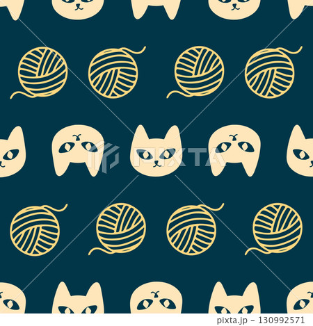 Cute seamless pattern with cats and yarn balls. Vector illustration. Playful seamless repeat featuring cute cat faces and yarn balls on a dark background Perfect for kids fabrics wrapping paper Cute seamless pattern with cats and yarn balls. Vector illustration. Playful seamless repeat featuring cute cat faces and yarn balls on a dark background Perfect for kids fabrics wrapping paper 130992571