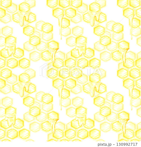 Golden honey comb and liquid seamless pattern, hand drawn watercolor cell illustration isolated on white background. Can be used for wrapping, textile scrapbook and other printed products. Golden honey comb and liquid seamless pattern, hand drawn watercolor cell illustration isolated on white background. Can be used for wrapping, textile scrapbook and other printed products. 130992717