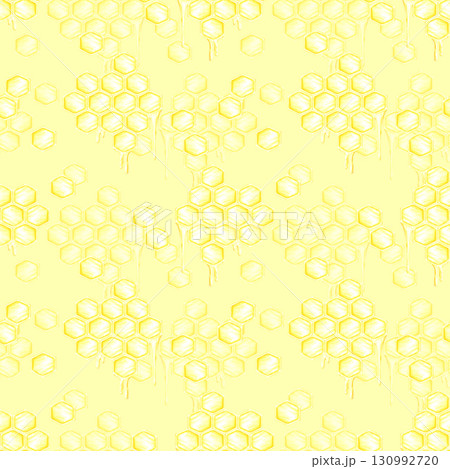 Golden honey comb and liquid seamless pattern, hand drawn watercolor cell illustration isolated on yellow background. Can be used for wrapping, textile scrapbook and other printed products. 130992720