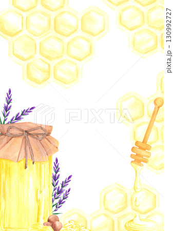 Golden honey comb with honey jar and lavender postcard frame border, hand drawn watercolor illustration isolated on white background. Can be used for cards, invitation and other printed products. Golden honey comb with honey jar and lavender postcard frame border, hand drawn watercolor illustration isolated on white background. Can be used for cards, invitation and other printed products. 130992727
