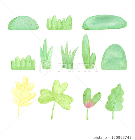 Hand drawn watercolor set of hummocks leaves and grass illustration isolated on white background. Can be used for postcard, label, scrapbook and other printed products. 130992748