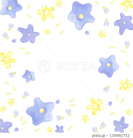 Hand drawn watercolor blue and yellow flowers and petals frame border. Illustration isolated on white background. Can be used for postcard, scrapbook and other printed products. 130992752