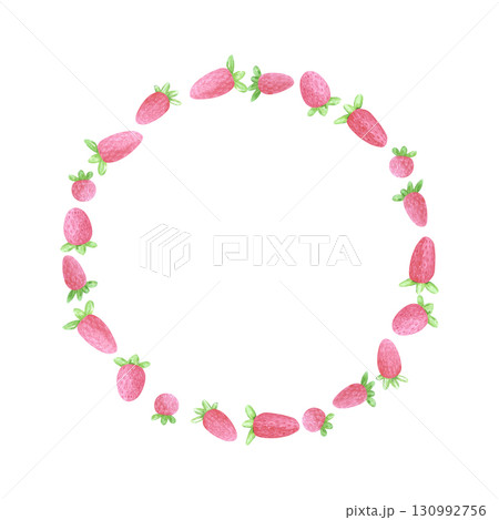 Hand drawn watercolor wild strawberry round frame border. Illustration of berries isolated on white background. Can be used for postcard, label, scrapbook and other printed products. 130992756