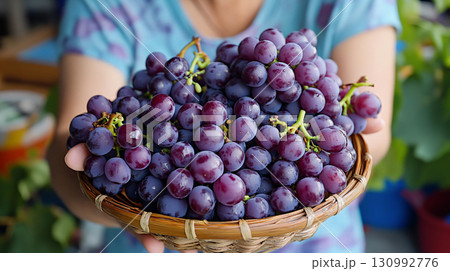 Ripe grape purple served in basket. organic agriculture farm. AI Generated. 130992776