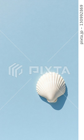 Seashells on light blue background. Top view. Sea summer vacation background. AI Generated. 130992869