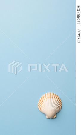 Seashells on light blue background. Top view. Sea summer vacation background. AI Generated. 130992870