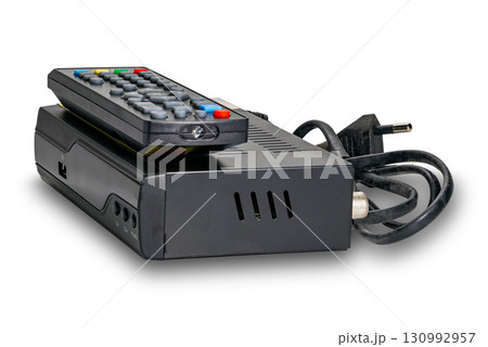 Digital set top box or digital tv box with remote control isolated on white background 130992957