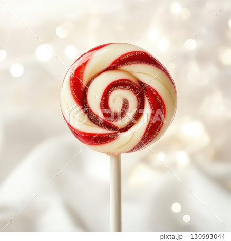 Bright red and white swirl lollipop held against a soft light background during festive season 130993044