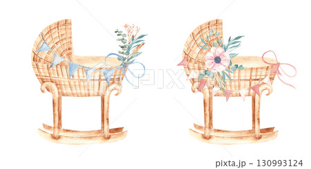 Watercolor Baby cradle Set for a Girl and a Boy from rattan with Bunting Party blue and pink Flags and floral Garlands in Vintage style. Children's eco accessory for newborn greeting or birthday cards 130993124