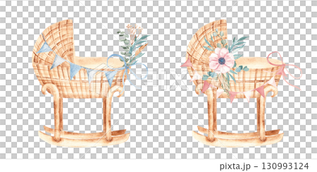 Watercolor Baby cradle Set for a Girl and a Boy from rattan with Bunting Party blue and pink Flags and floral Garlands in Vintage style. Children's eco accessory for newborn greeting or birthday cards 130993124