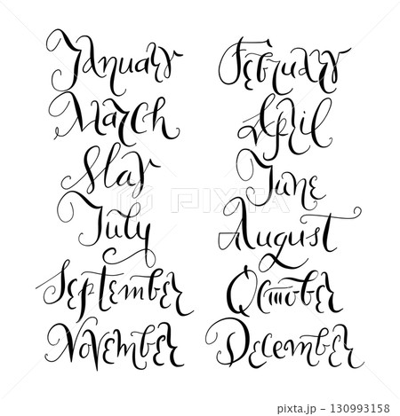 Set of vector handwritten month lettering in cursive ink style, elegant vector line calligraphy illustrations for planners and calendars. Year on the white background 130993158