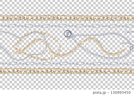 Seamless border with silver and gold chains. Isolated watercolor illustration for postcards, jewelry store discount coupons, interior design, and packaging. Seamless border with silver and gold chains. Isolated watercolor illustration for postcards, jewelry store discount coupons, interior design, and packaging. 130993450