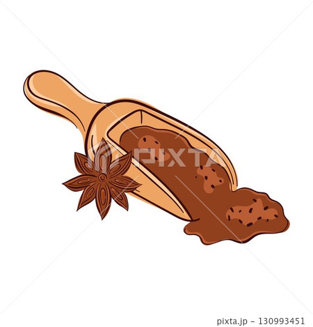 Illustration of cinnamon ground spice in a wooden scoop with star anise on a white background in flat style. 130993451