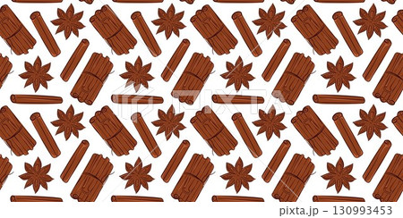 Seamless flat style pattern with cinnamon stick and star anise. Perfect for spice textile design, delivery packaging, background decor and seasonal kitchen or culinary theme. 130993453