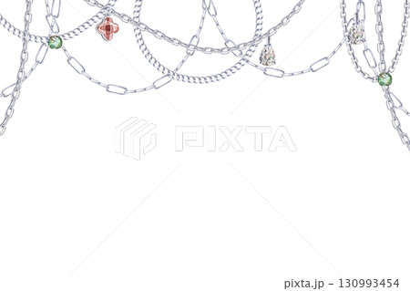 A rectangular frame with silver chains and precious stones. An isolated watercolor illustration for New Year's cards, jewelry store discount coupons, and interior design. A rectangular frame with silver chains and precious stones. An isolated watercolor illustration for New Year's cards, jewelry store discount coupons, and interior design. 130993454