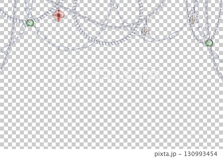A rectangular frame with silver chains and precious stones. An isolated watercolor illustration for New Year's cards, jewelry store discount coupons, and interior design. A rectangular frame with silver chains and precious stones. An isolated watercolor illustration for New Year's cards, jewelry store discount coupons, and interior design. 130993454