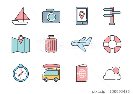 Travel and Tourism Icon Set, Flat Line Style 130993486
