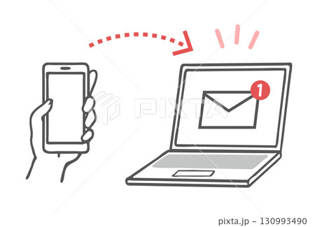 スマホからパソコンにメールを送信する　シンプルベクターイラスト素材 130993490