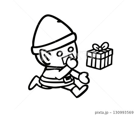 ギフトを運ぶクリスマスエルフのモノクロイラスト ベクター ギフトを運ぶクリスマスエルフのモノクロイラスト ベクター 130993569