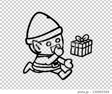 ギフトを運ぶクリスマスエルフのモノクロイラスト ベクター ギフトを運ぶクリスマスエルフのモノクロイラスト ベクター 130993569