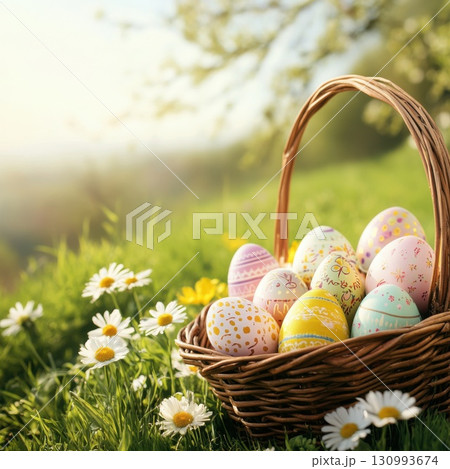 Colorful Easter eggs gathered in a wicker basket resting on fresh grass with blooming daisies under warm sunlight 130993674