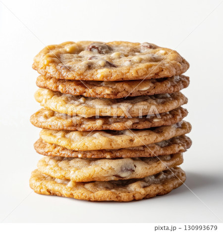 Freshly baked cookies stacked high on a white background inviting a sweet treat experience Freshly baked cookies stacked high on a white background inviting a sweet treat experience 130993679