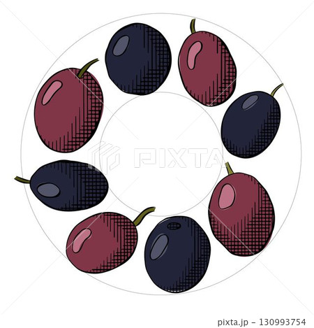 Olive black berry circle square template. Vector graphic line ink colored illustration. Fruitless rosemary, bay leaf circle frame for card, food cosmetic label Isolated line art from background Olive black berry circle square template. Vector graphic line ink colored illustration. Fruitless rosemary, bay leaf circle frame for card, food cosmetic label Isolated line art from background 130993754