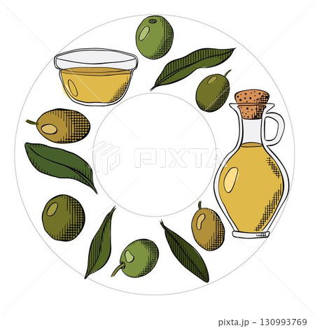 wreath of olive, olive festival in Spain, Olive oil, green berry and leaves circle round frame template. Vector graphic line ink colored illustration. for package, holiday design, fabric and textile. 130993769