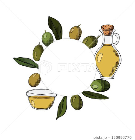 Olive oil, green berry and leaves circle round frame template. Vector graphic line ink colored illustration. Leaves and berry round frame. Extra virgin olive oil emblem, logo. 130993770