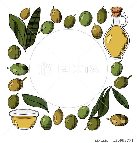 Olive oil, green berry and leaves square circle round frame template. Vector graphic line ink colored illustration. Banner, poster, wrapping paper, sticker, print, modern textile design. 130993771