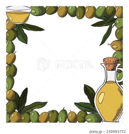 Sketch frame of olive branch with berries and leaves. Olive oil, green berry and leaves square frame template. Vector graphic line ink colored illustration. for cards, design logo, tattoo 130993772