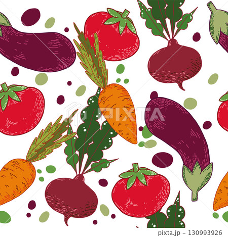 Seamless vector pattern of seasonal vegetables, eggplant, carrots, red tomatoes, beets, greens. All objects are hand-drawn with ink, illustration for printing on textiles, product packaging. Seamless vector pattern of seasonal vegetables, eggplant, carrots, red tomatoes, beets, greens. All objects are hand-drawn with ink, illustration for printing on textiles, product packaging. 130993926