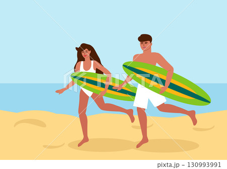 Young tanned couple running along the beach with surfboards Young tanned couple running along the beach with surfboards 130993991