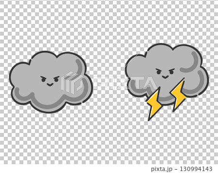 可愛い黒い雲と稲妻のイラスト（顔付き）　ベクター 130994143