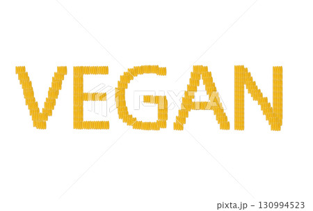 vegan inscription written with yellow corn cobs on white isolated background 130994523