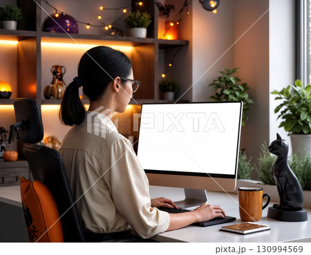 woman working on a computer monitor in a room decorated for halloween, mockup of a computer monitor 130994569