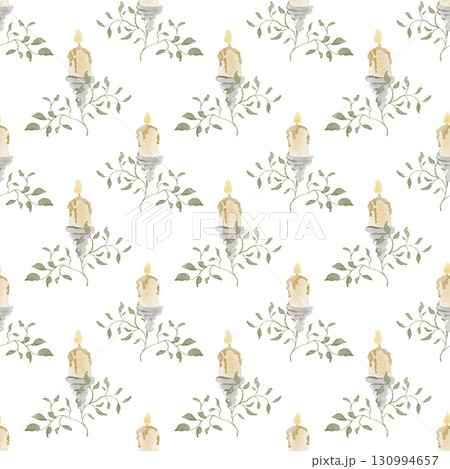 Hand drawn seamless pattern with candles, flames, and leaves. Watercolor illustration for wrapping paper, fabric, textile, or background design. 130994657
