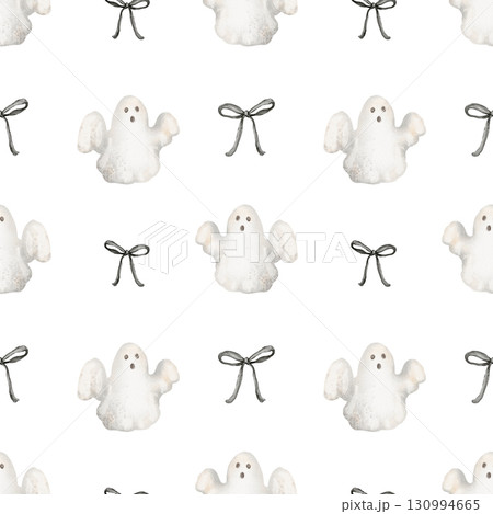 Halloween ghost seamless pattern with black bow. Watercolor illustration for textile, wrapping paper, digital paper, wallpaper, and design projects. 130994665