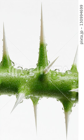 Close-Up of Green Stem with Long White Thorns and Water Droplets on White Background 130994699