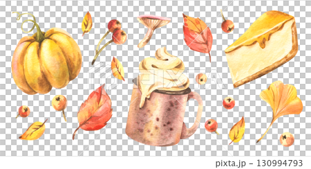Collection with pumpkins, pie, mugs of cocoa and autumn leaves, drawn in delicate tones, hand-painted watercolor illustration ideal for holiday stickers, clipart and seasonal decoration. Collection with pumpkins, pie, mugs of cocoa and autumn leaves, drawn in delicate tones, hand-painted watercolor illustration ideal for holiday stickers, clipart and seasonal decoration. 130994793