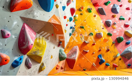《AI画像》たくさんのホールドが設置されたカラフルなボルダリングの壁 130994846