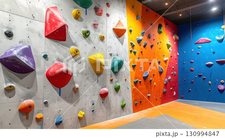 《AI画像》たくさんのホールドが設置されたカラフルなボルダリングの壁 《AI画像》たくさんのホールドが設置されたカラフルなボルダリングの壁 130994847
