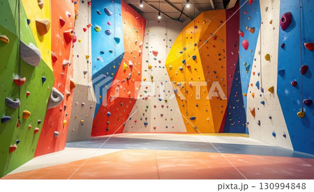 《AI画像》たくさんのホールドが設置されたカラフルなボルダリングの壁 130994848