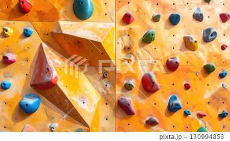 《AI画像》たくさんのホールドが設置されたカラフルなボルダリングの壁 《AI画像》たくさんのホールドが設置されたカラフルなボルダリングの壁 130994853