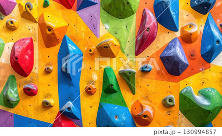 《AI画像》たくさんのホールドが設置されたカラフルなボルダリングの壁 130994857