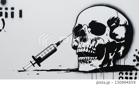 ドラッグ依存と苦悩：ドクロと注射器のシルエット 130994859