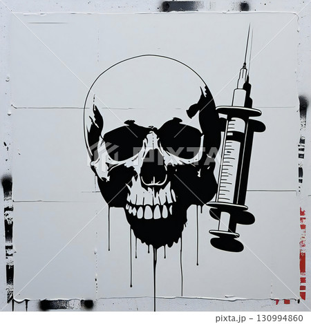 ドラッグ依存と苦悩：ドクロと注射器のシルエット 130994860